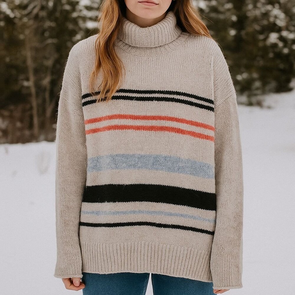 Women's Alpaca/Wool Blend Long Sleeve Turtleneck Sweater OS Cream/Ivory Striped